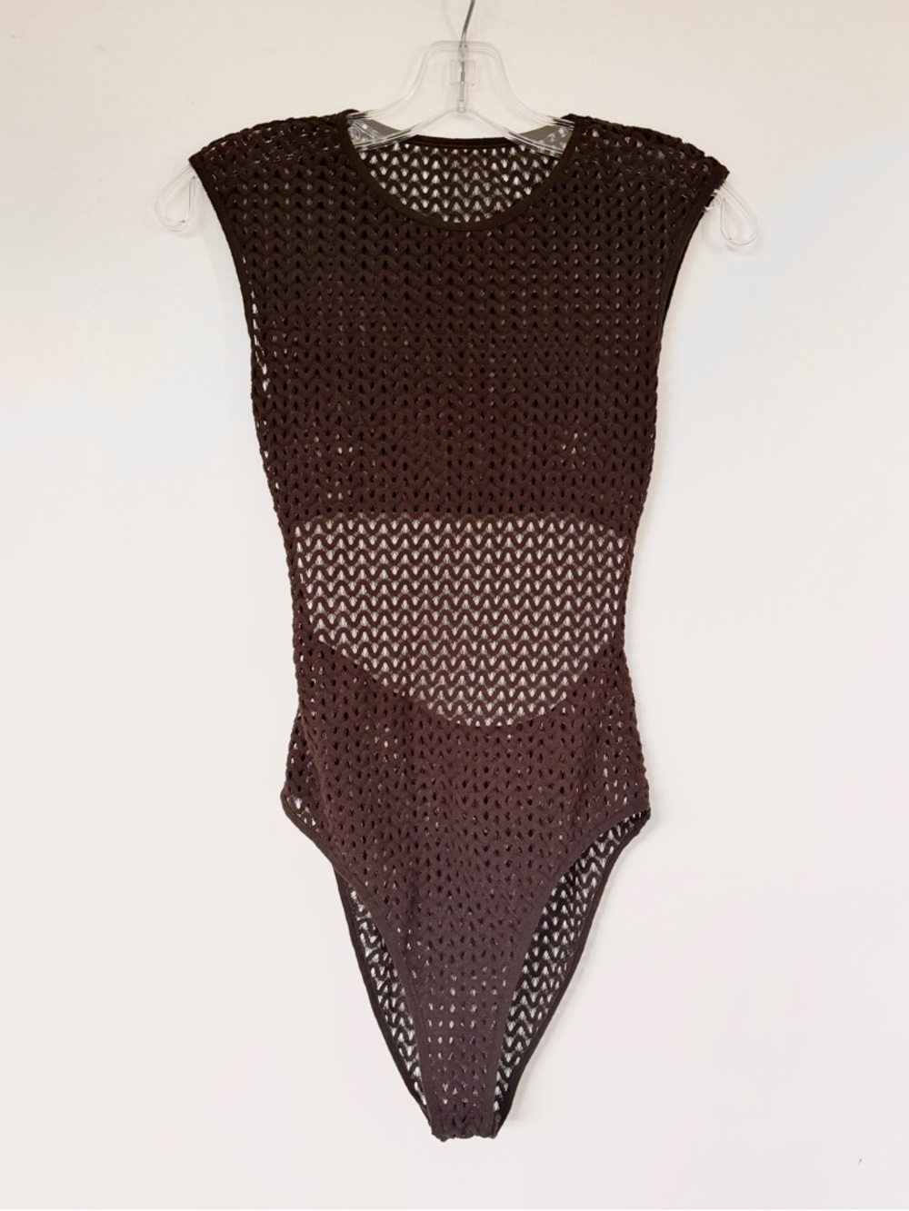 Zara chocolate brown sheer perforated mesh open back bodysuit sleeveless top